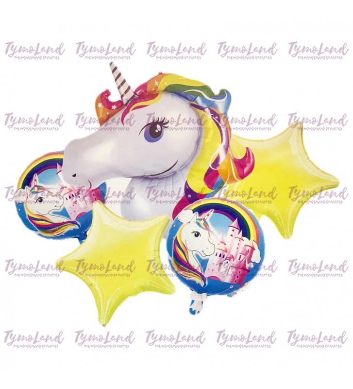 Bouquet De 05 Ballons Tête De Licorne & Château Rose
