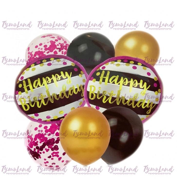 Grappe De 08 Ballons H-Bday (Rose, Noir & Doré)